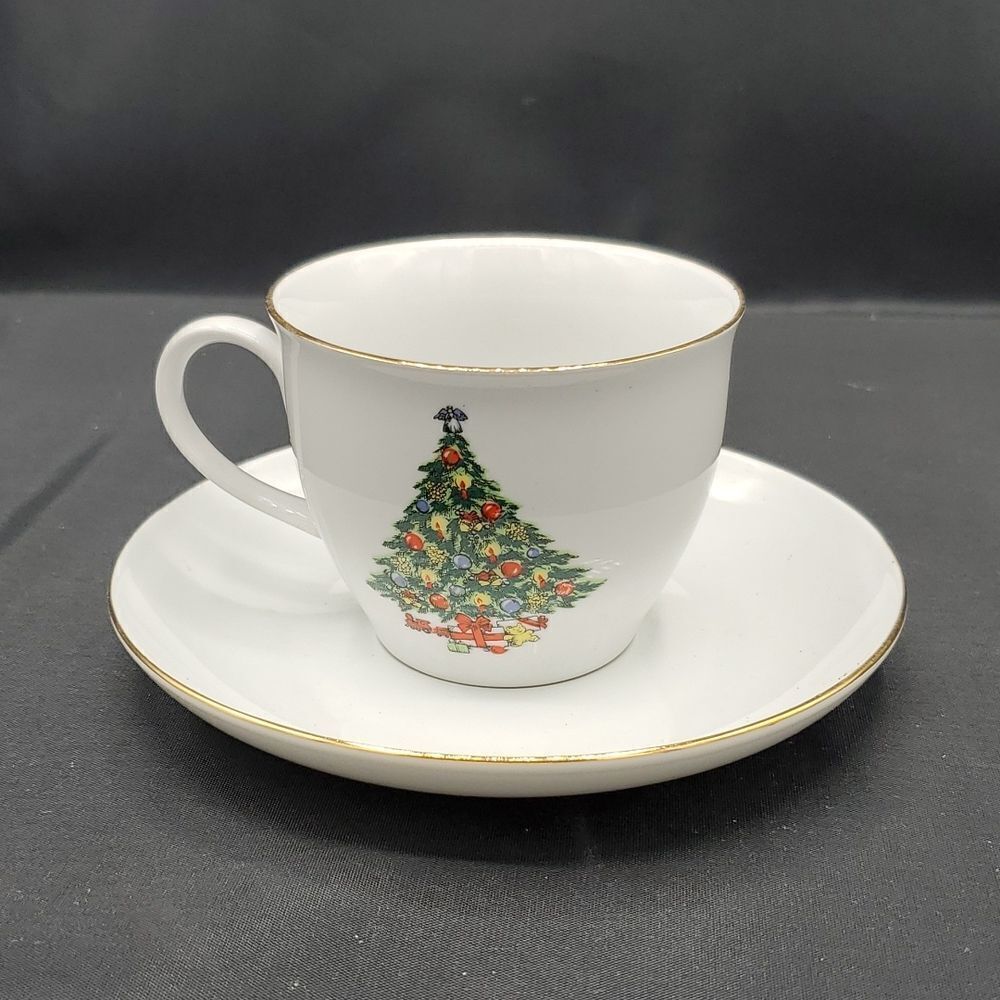 Jamestown China Christmas Tree Cup and Saucer with Gold Trim